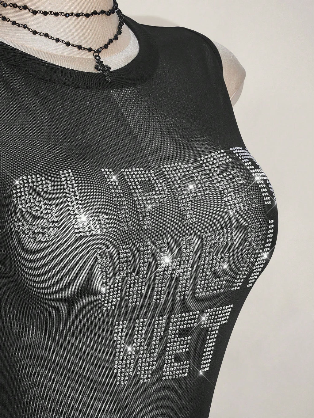 Plus Size Y2K Rhinestone Mesh Backless Camisole – Black Sheer Glitter Tight Summer Tank Top for Women
