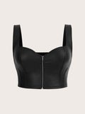 Plus Size Zip Up PU Leather Tank Top – Y2K Faux Leather Summer Crop Top for Women