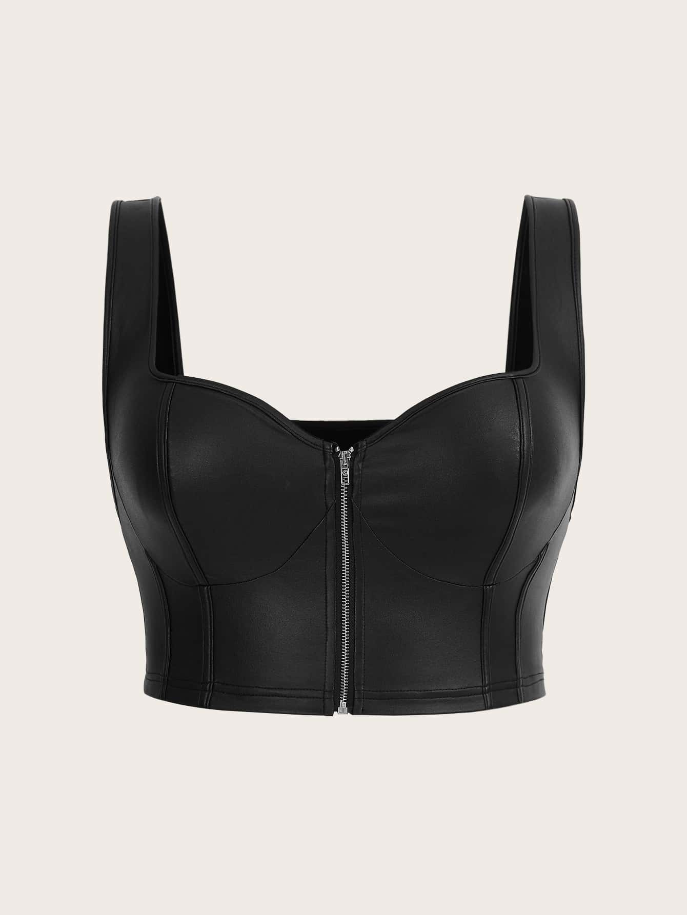 Plus Size Zip Up PU Leather Tank Top – Y2K Faux Leather Summer Crop Top for Women