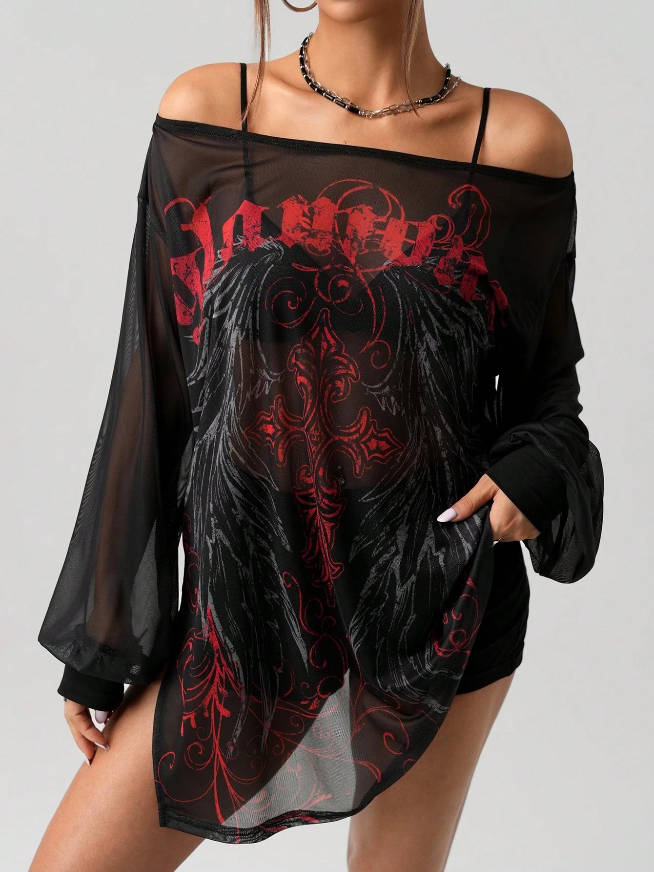 SHEIN ICON Retro Punk Printed Mesh Mini Dress – Sheer Wide Shoulder Slit Streetwear Dress for Women