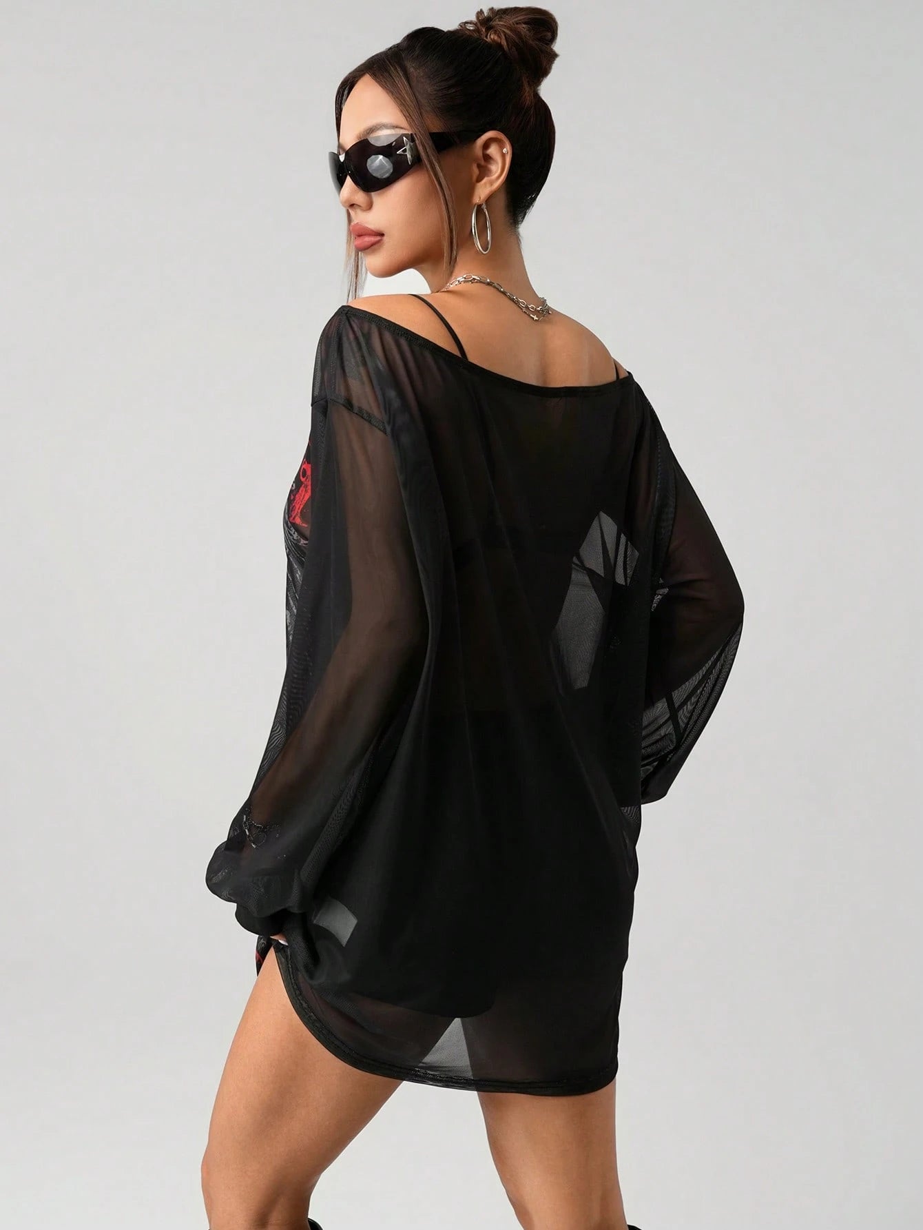 SHEIN ICON Retro Punk Printed Mesh Mini Dress – Sheer Wide Shoulder Slit Streetwear Dress for Women
