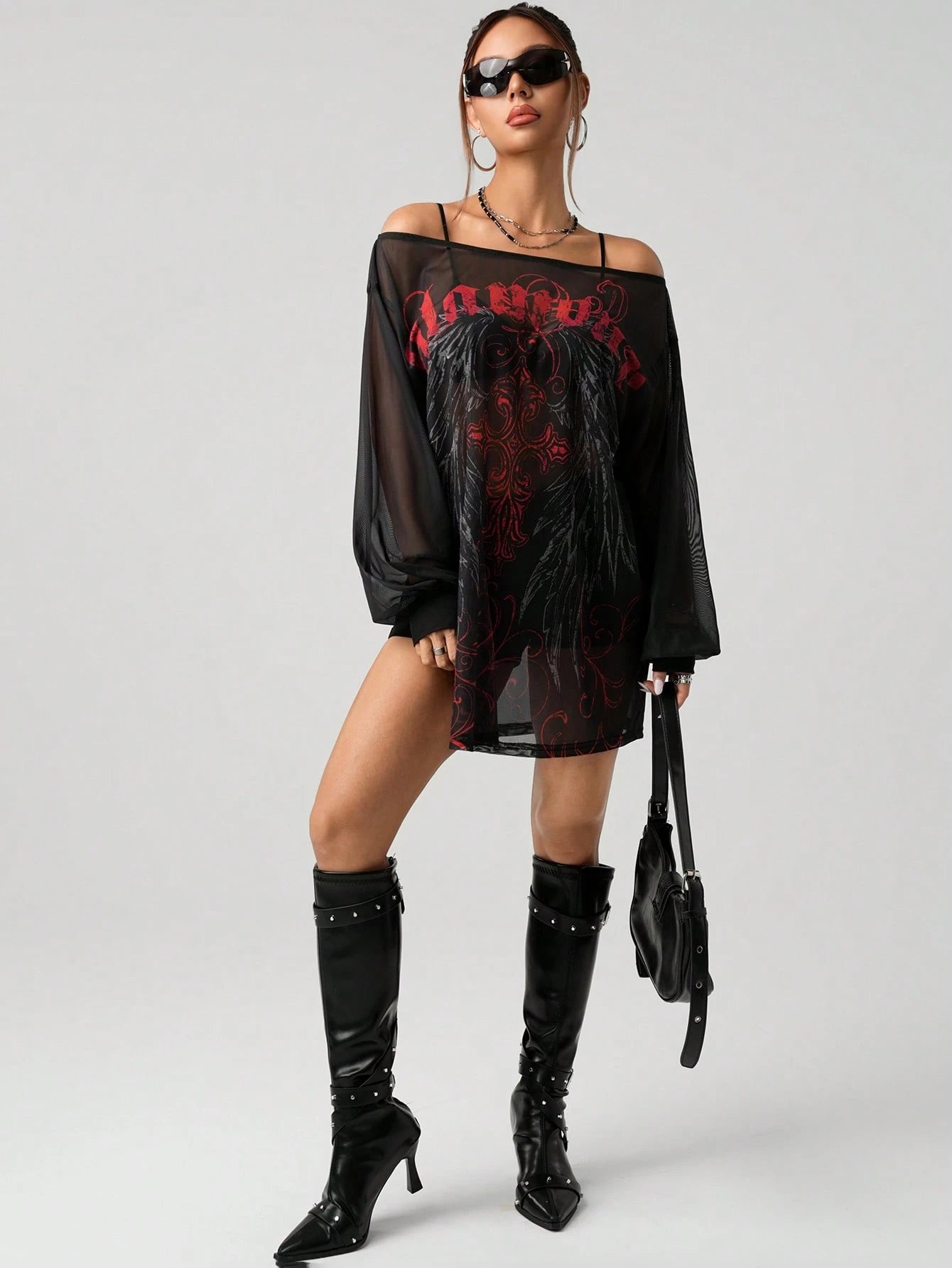 SHEIN ICON Retro Punk Printed Mesh Mini Dress – Sheer Wide Shoulder Slit Streetwear Dress for Women