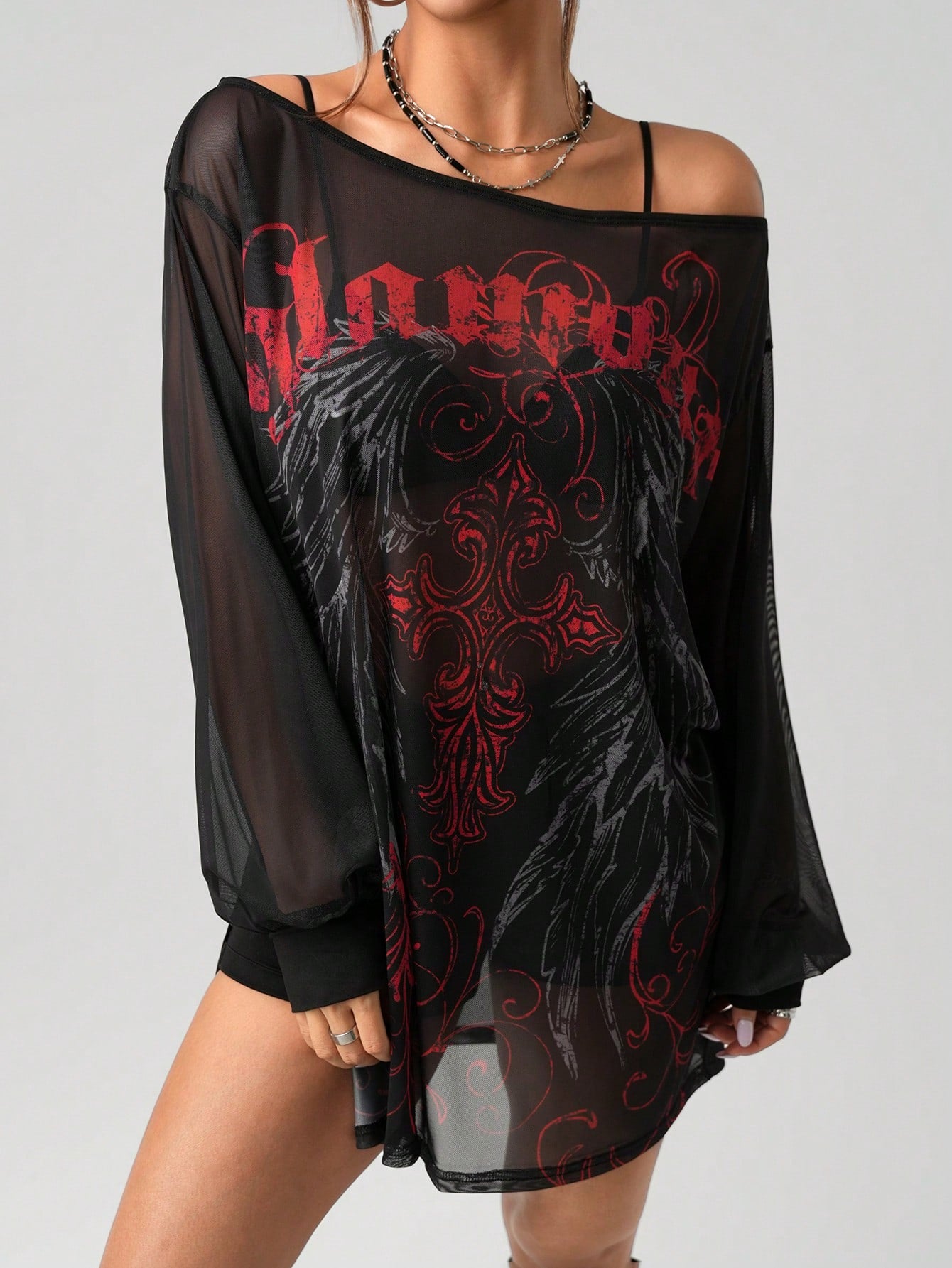 SHEIN ICON Retro Punk Printed Mesh Mini Dress – Sheer Wide Shoulder Slit Streetwear Dress for Women
