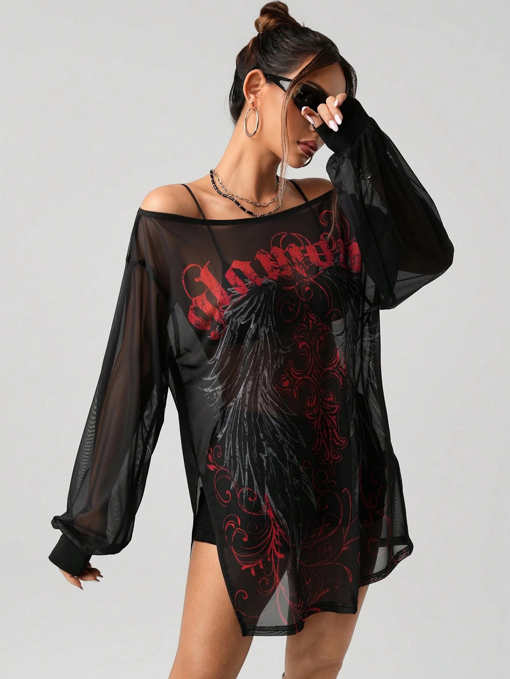 SHEIN ICON Retro Punk Printed Mesh Mini Dress – Sheer Wide Shoulder Slit Streetwear Dress for Women