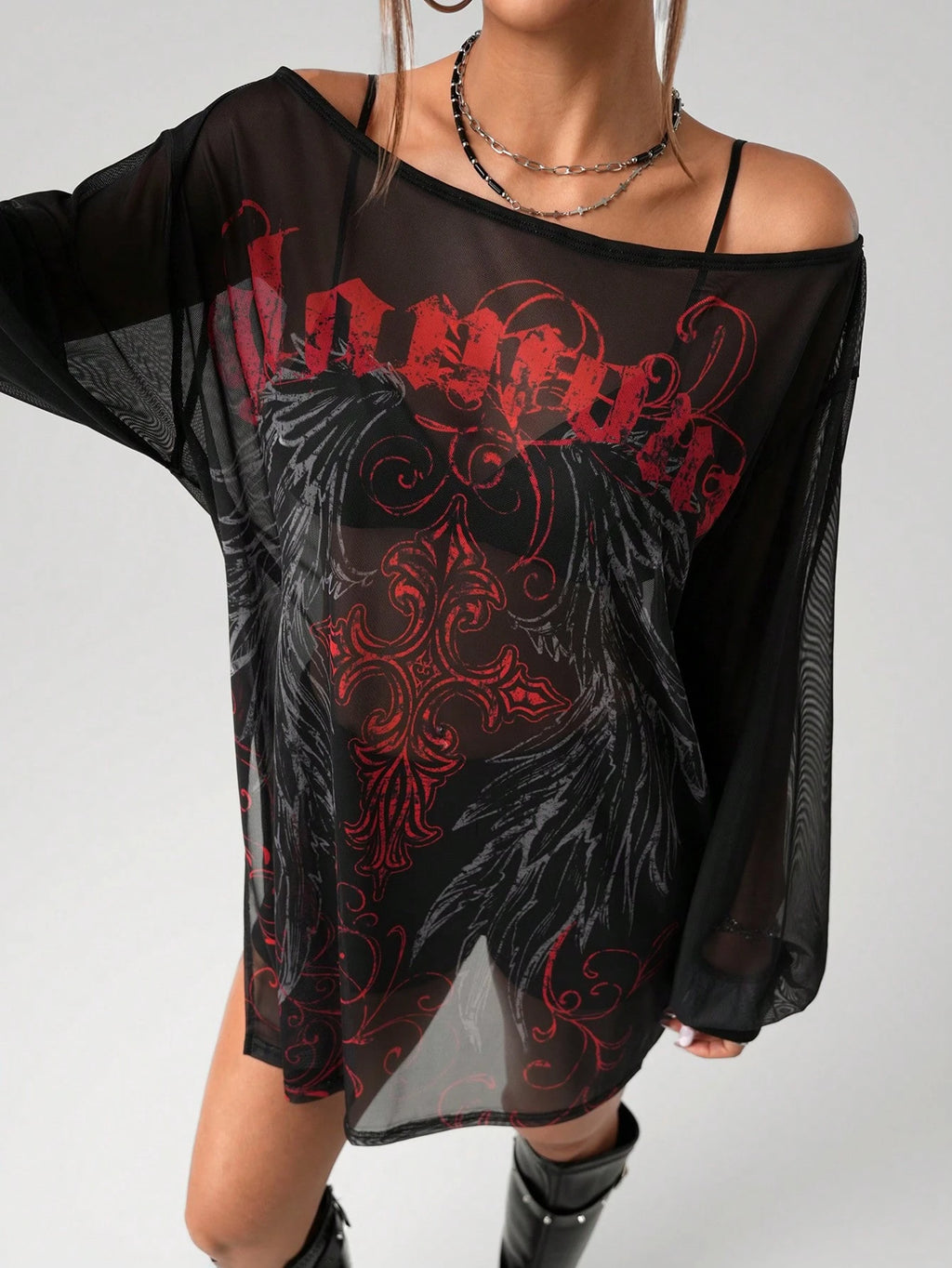 SHEIN ICON Retro Punk Printed Mesh Mini Dress – Sheer Wide Shoulder Slit Streetwear Dress for Women