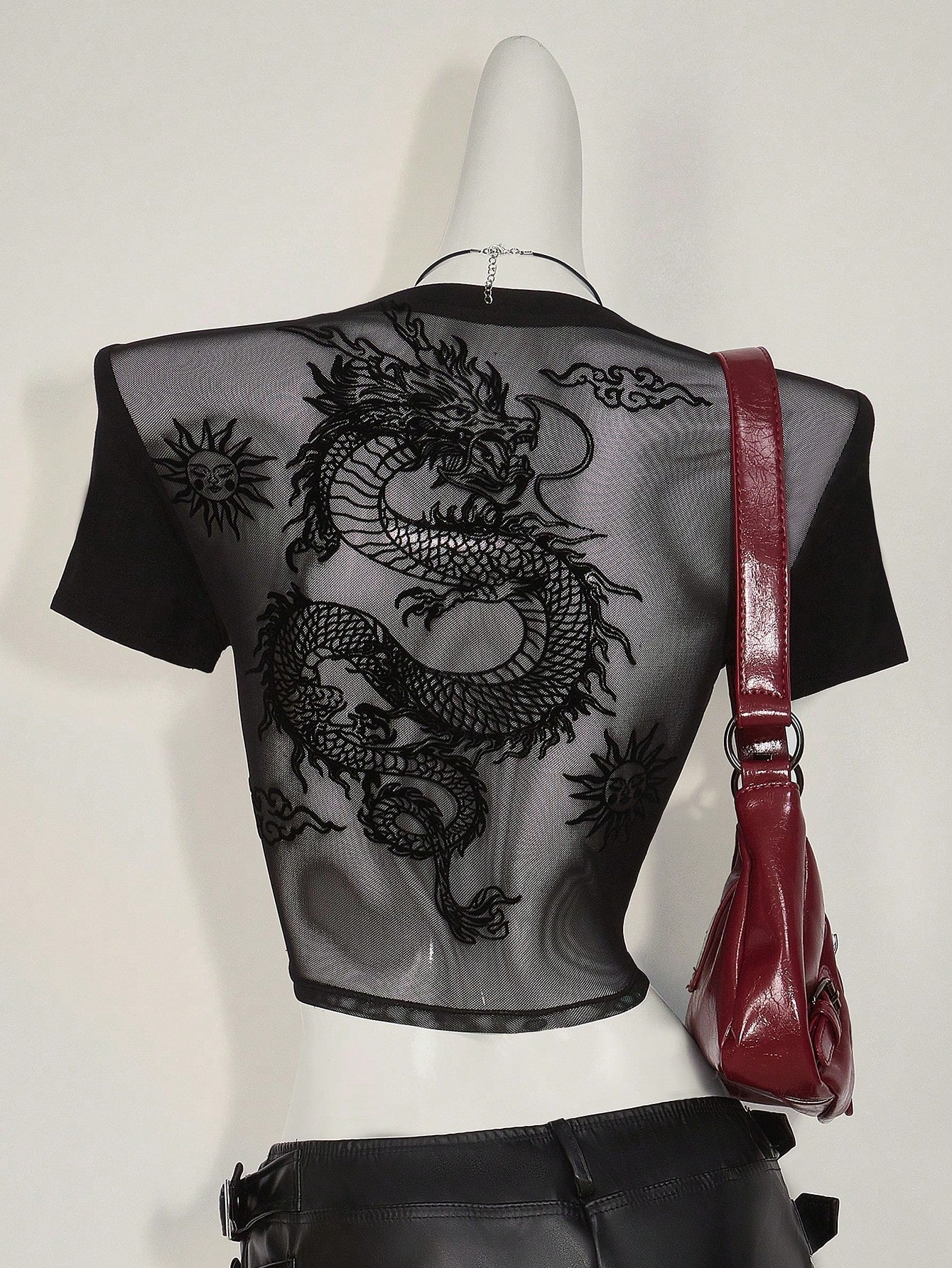 Plus Size Dragon Print Mesh Panel T-Shirt – Sheer Grunge Y2K Graphic Short Sleeve Top for Women