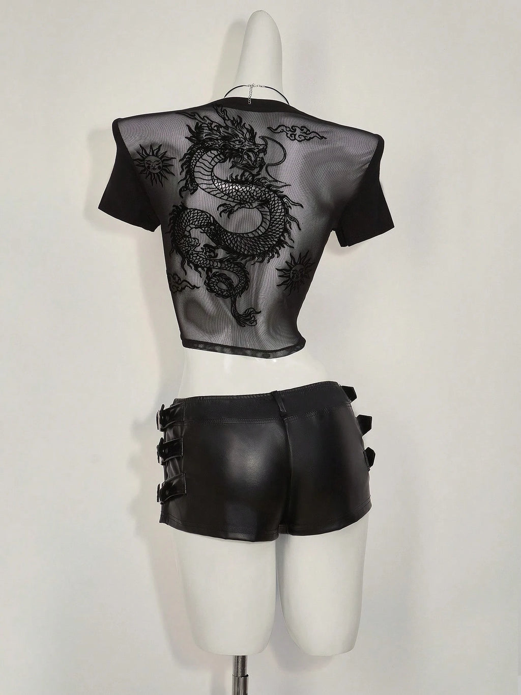 Plus Size Dragon Print Mesh Panel T-Shirt – Sheer Grunge Y2K Graphic Short Sleeve Top for Women