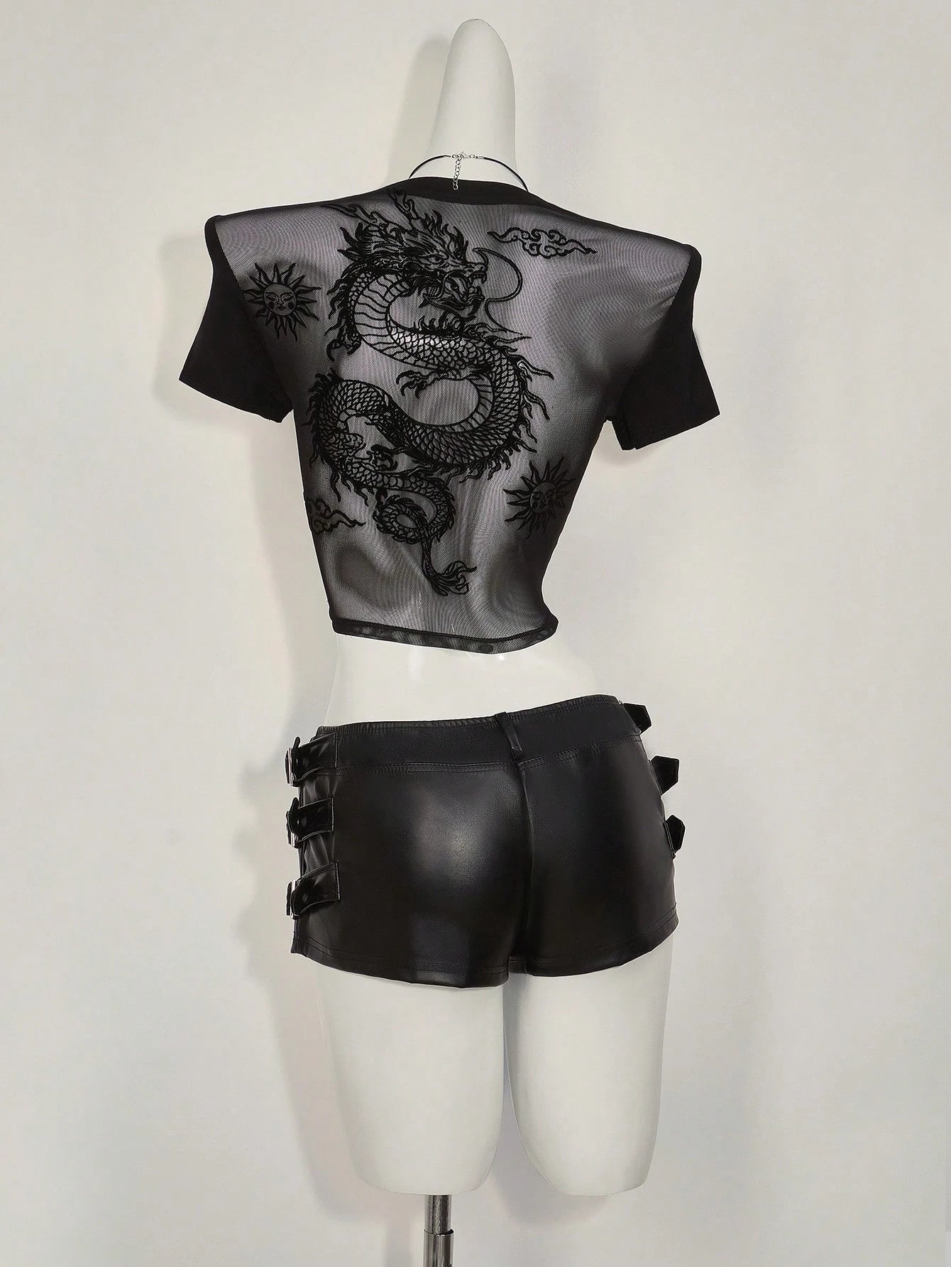 Plus Size Dragon Print Mesh Panel T-Shirt – Sheer Grunge Y2K Graphic Short Sleeve Top for Women