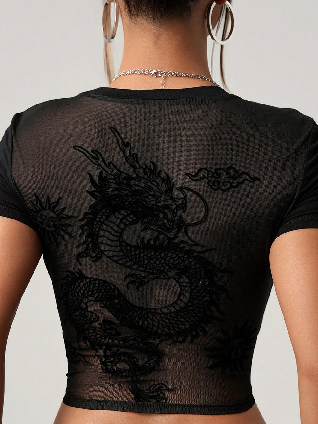 Plus Size Dragon Print Mesh Panel T-Shirt – Sheer Grunge Y2K Graphic Short Sleeve Top for Women