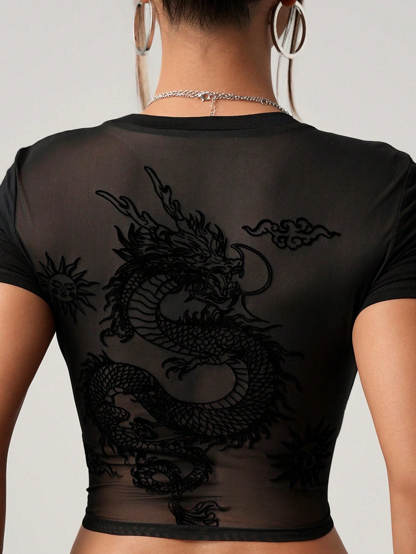 Plus Size Dragon Print Mesh Panel T-Shirt – Sheer Grunge Y2K Graphic Short Sleeve Top for Women