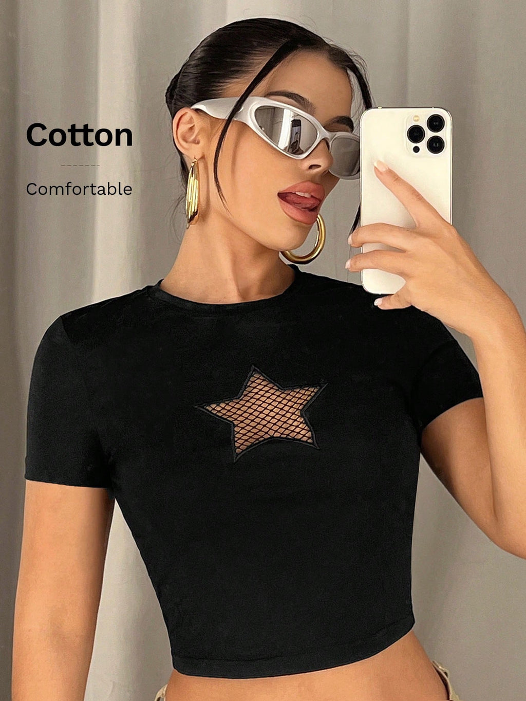 SHEIN ICON Star Pattern Contrast Fishnet Crop Tee – Y2K Mesh Streetwear Crop Top for Women