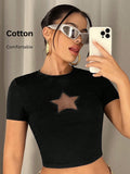 SHEIN ICON Star Pattern Contrast Fishnet Crop Tee – Y2K Mesh Streetwear Crop Top for Women