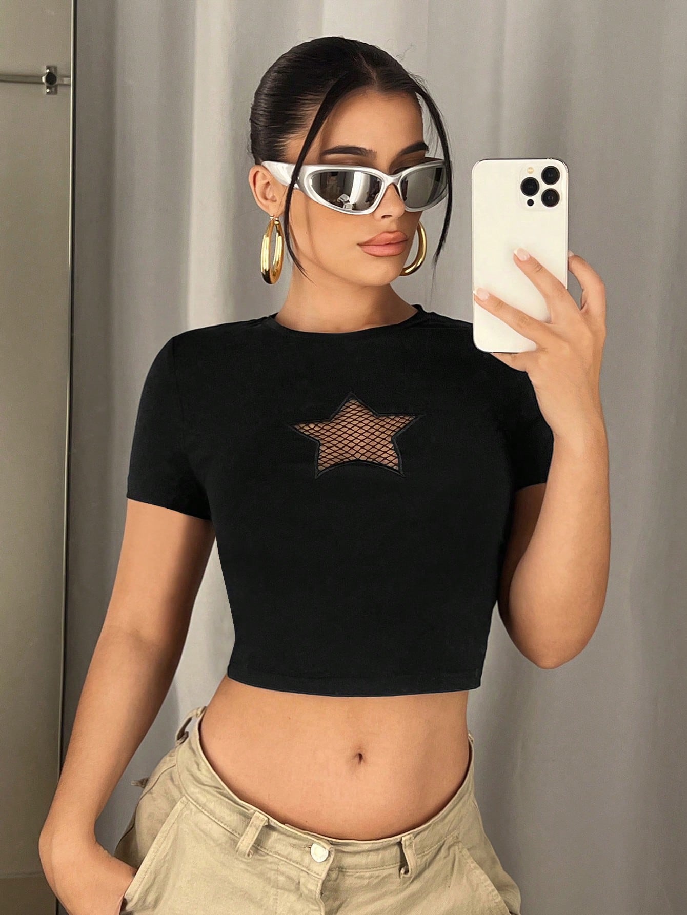 SHEIN ICON Star Pattern Contrast Fishnet Crop Tee – Y2K Mesh Streetwear Crop Top for Women