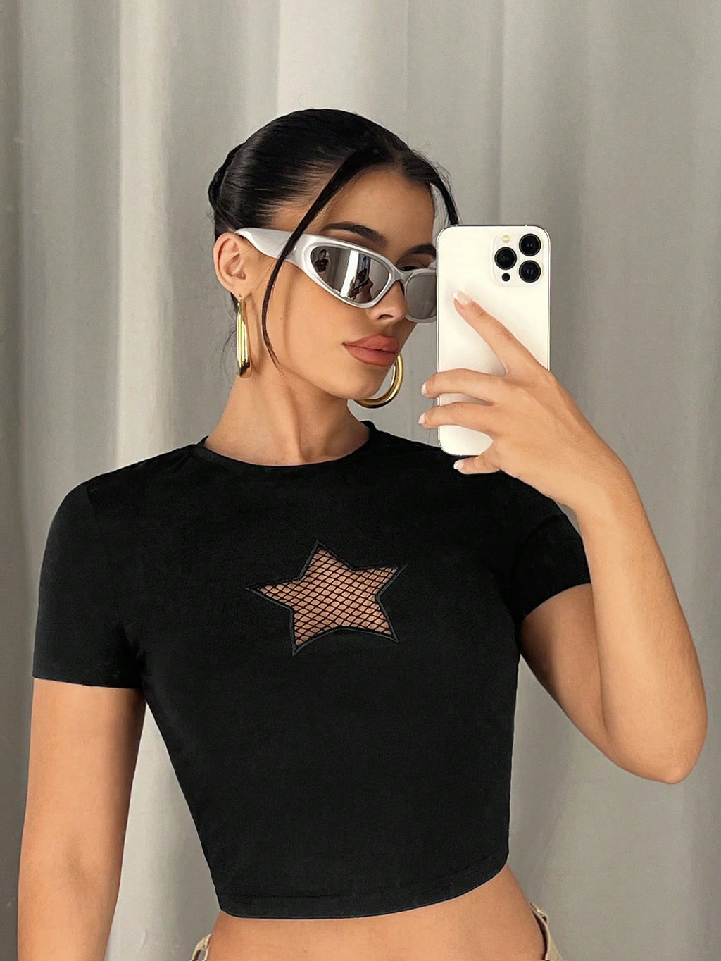 SHEIN ICON Star Pattern Contrast Fishnet Crop Tee – Y2K Mesh Streetwear Crop Top for Women