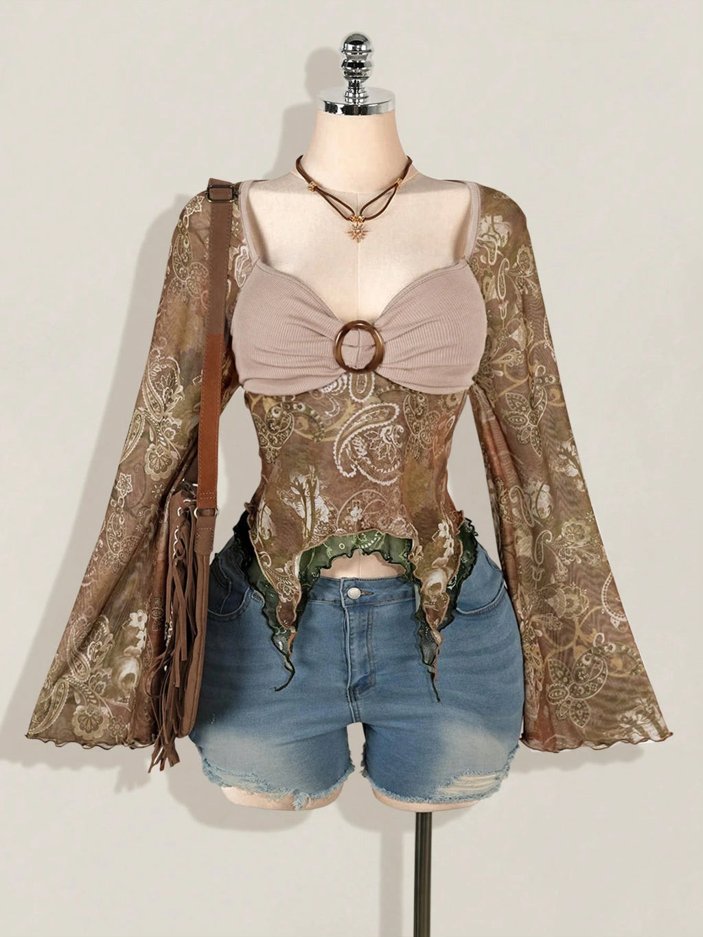 Bohemian Paisley Print T-Shirt for Women – Y2K Asymmetric Hem Bell Sleeve Fall Top