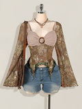Bohemian Paisley Print T-Shirt for Women – Y2K Asymmetric Hem Bell Sleeve Fall Top