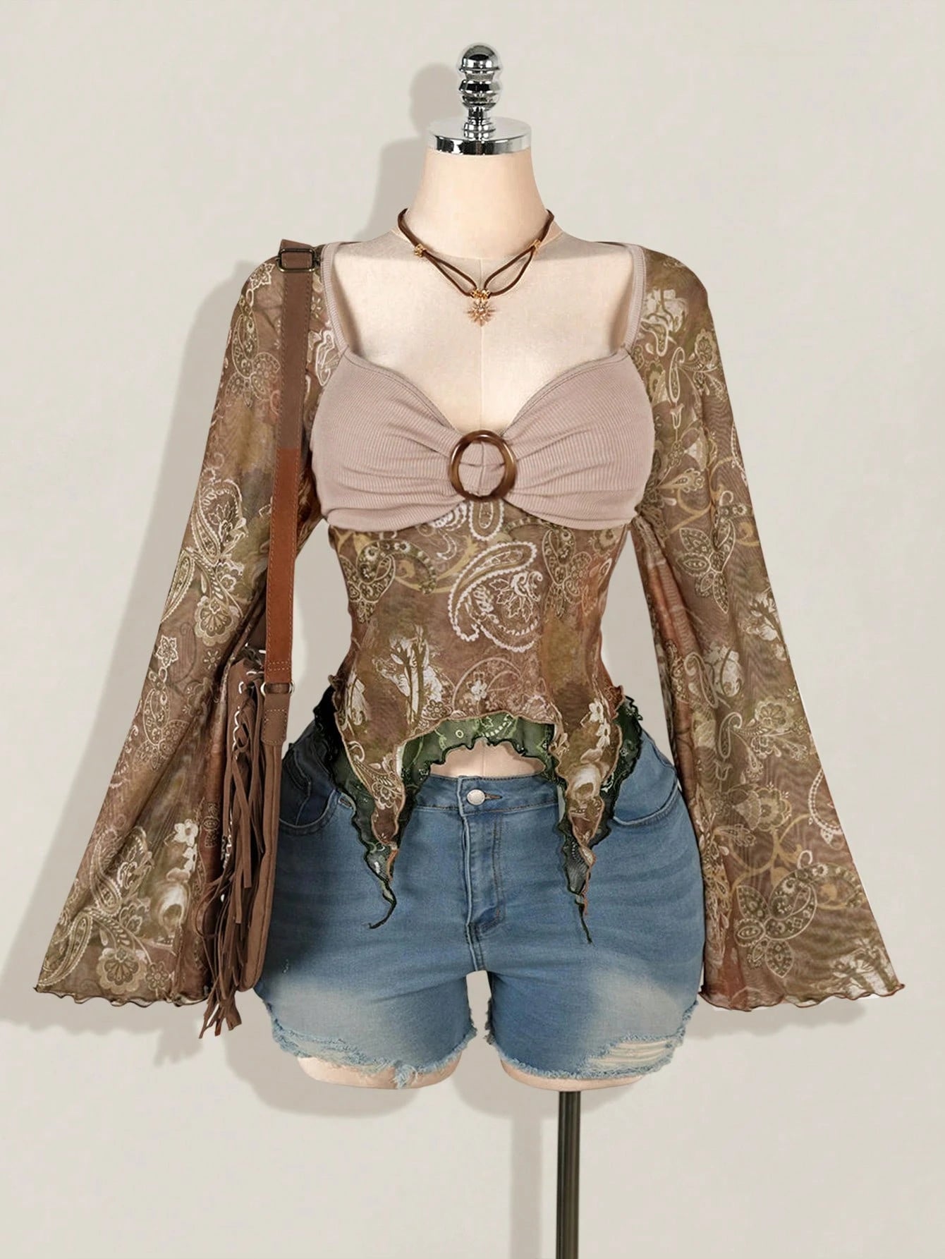 Bohemian Paisley Print T-Shirt for Women – Y2K Asymmetric Hem Bell Sleeve Fall Top