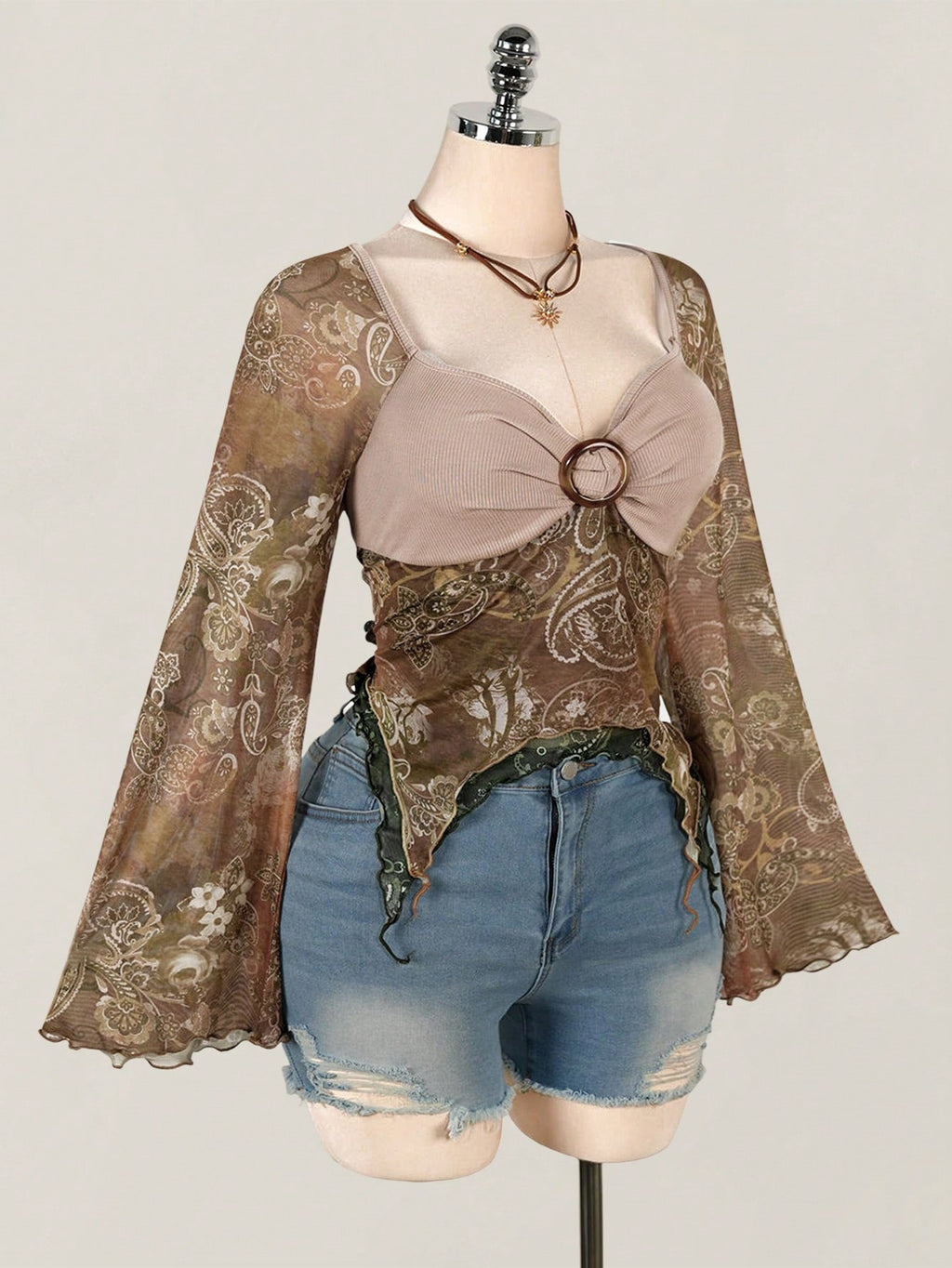 Bohemian Paisley Print T-Shirt for Women – Y2K Asymmetric Hem Bell Sleeve Fall Top