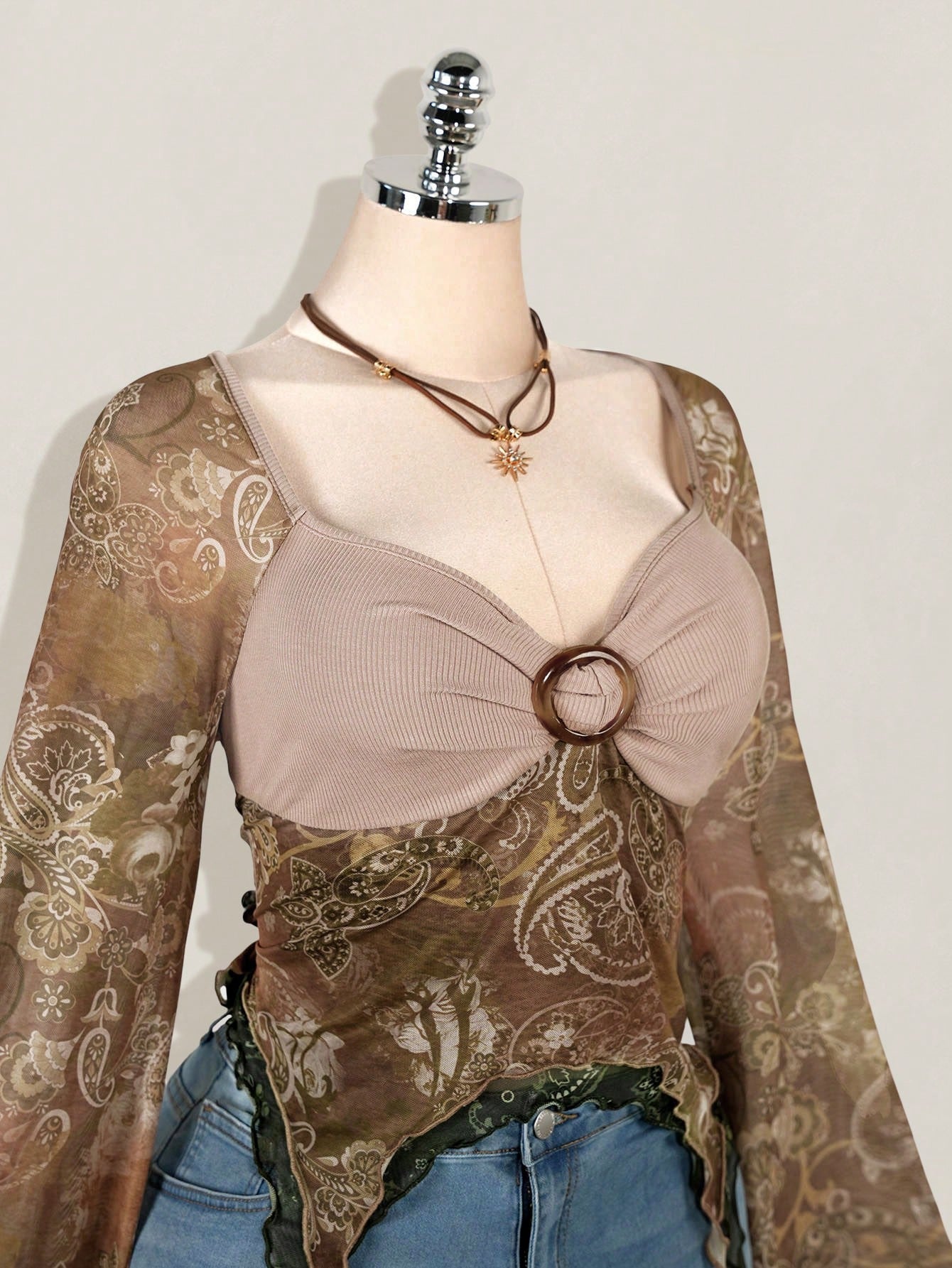 Bohemian Paisley Print T-Shirt for Women – Y2K Asymmetric Hem Bell Sleeve Fall Top