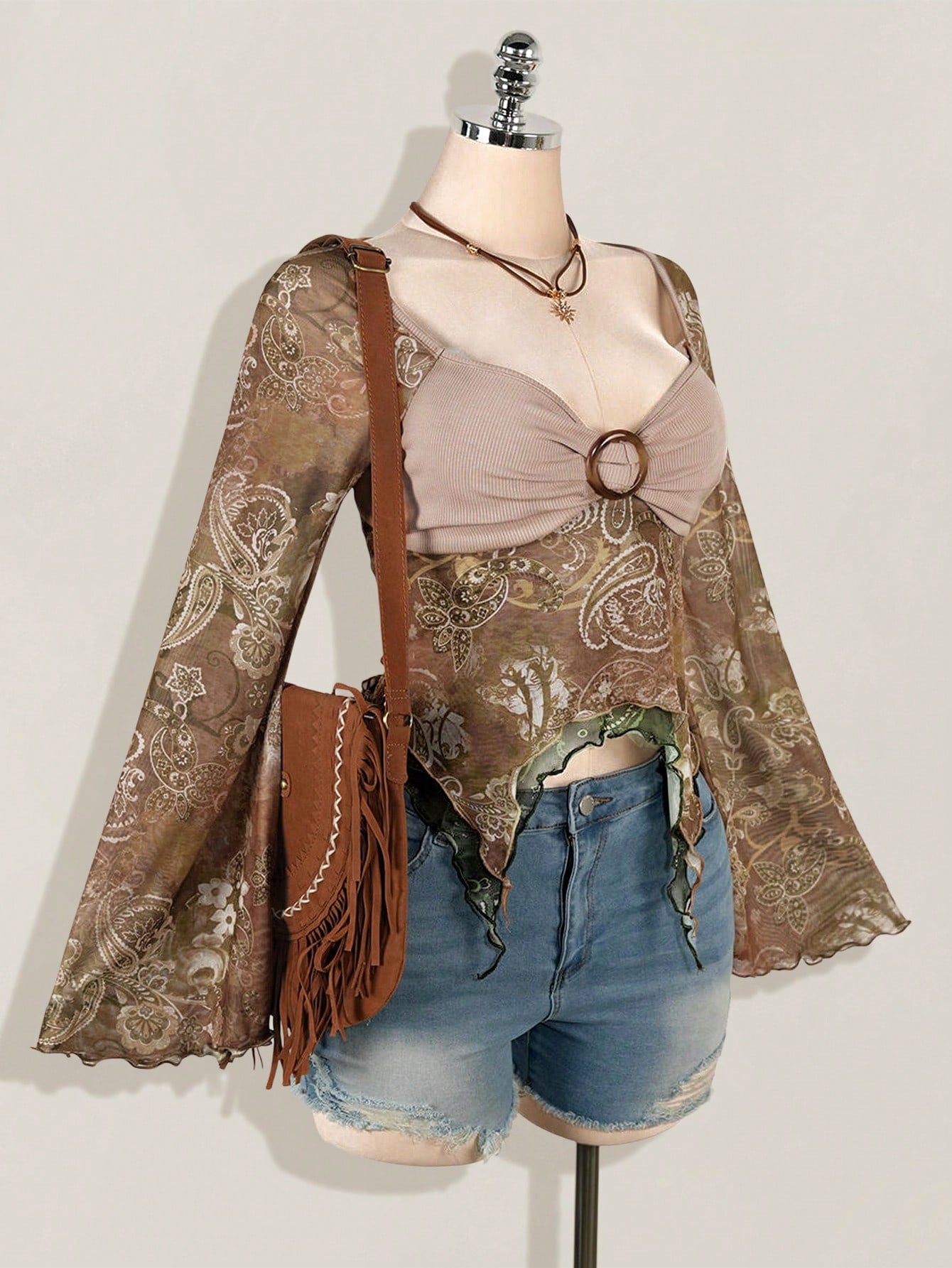 Bohemian Paisley Print T-Shirt for Women – Y2K Asymmetric Hem Bell Sleeve Fall Top