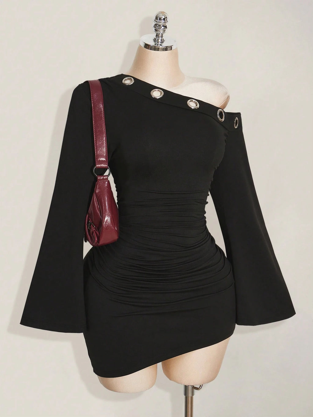 Plus Size Black Asymmetrical Y2K Dress – Metal Eyelet Slim Fit Flared Sleeve Dress for Women
