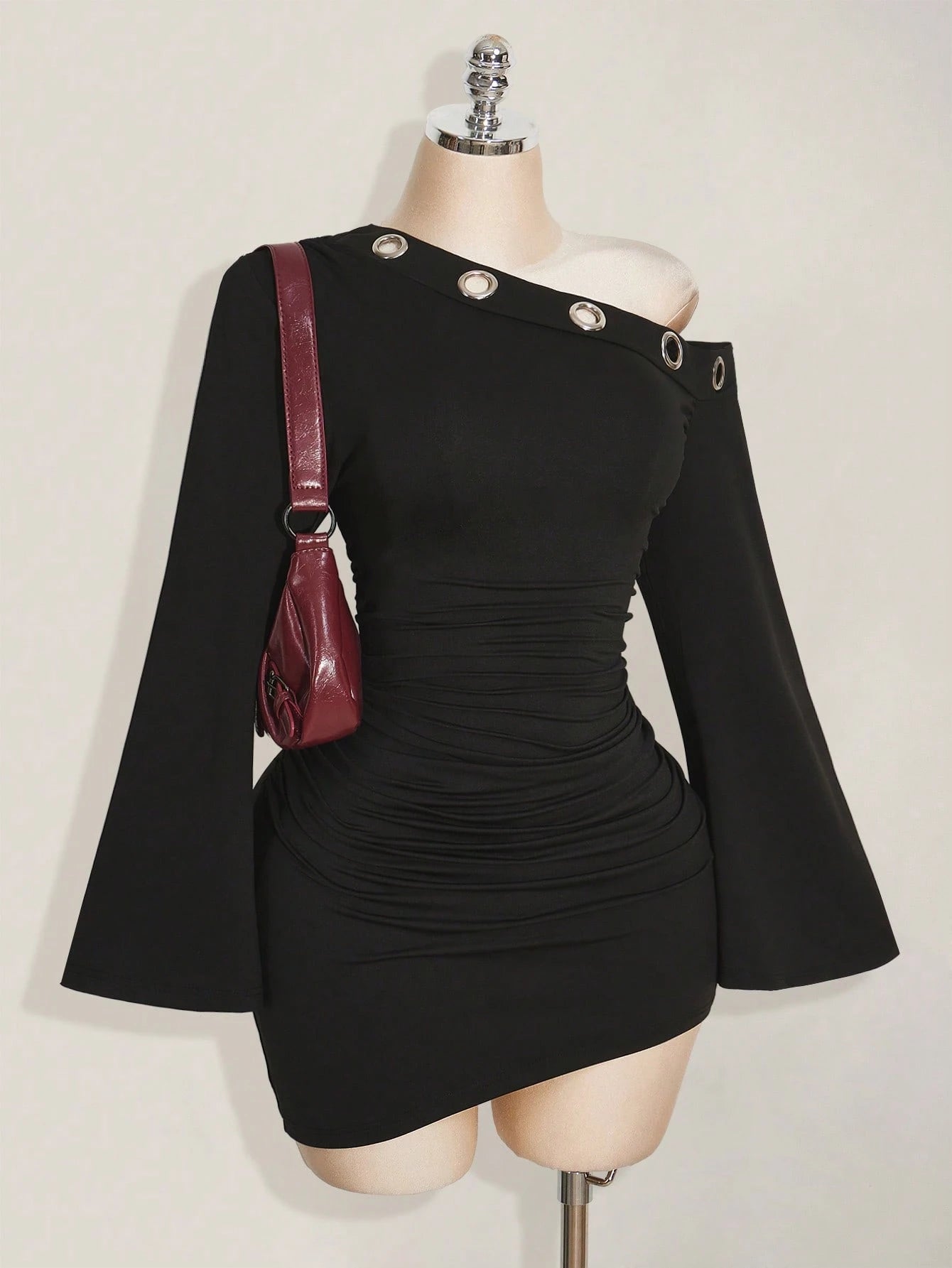 Plus Size Black Asymmetrical Y2K Dress – Metal Eyelet Slim Fit Flared Sleeve Dress for Women