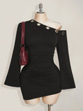 Plus Size Black Asymmetrical Y2K Dress – Metal Eyelet Slim Fit Flared Sleeve Dress for Women