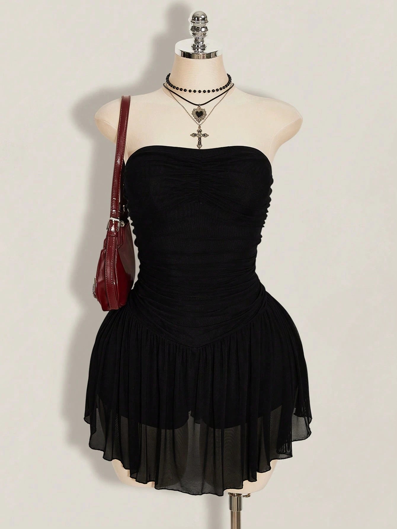 SHEIN ICON Plus Size Y2K Strapless Mesh Dress – Black Gathered Bust Elegant Bodycon Mini Dress for Women