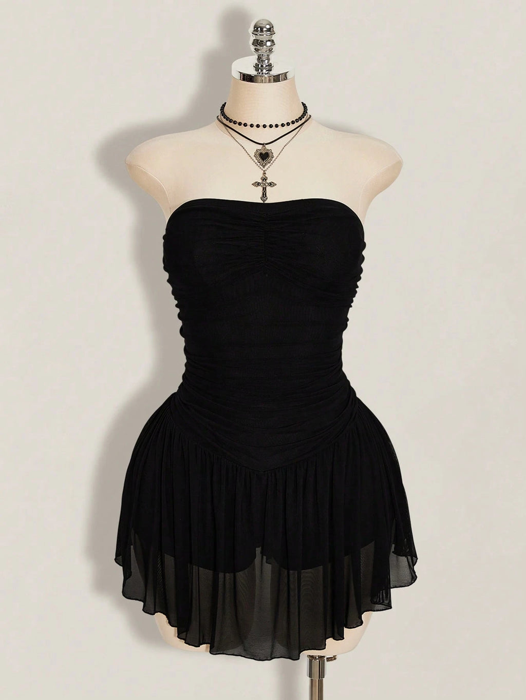 SHEIN ICON Plus Size Y2K Strapless Mesh Dress – Black Gathered Bust Elegant Bodycon Mini Dress for Women