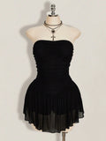 SHEIN ICON Plus Size Y2K Strapless Mesh Dress – Black Gathered Bust Elegant Bodycon Mini Dress for Women