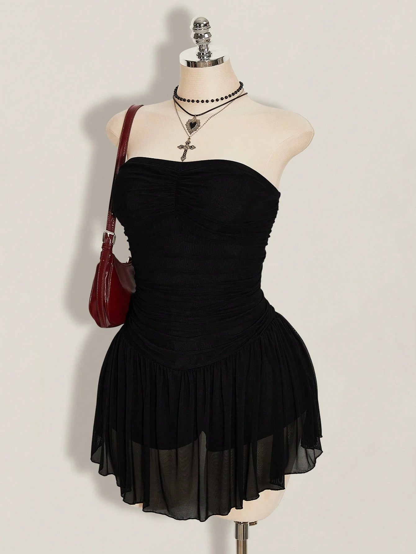 SHEIN ICON Plus Size Y2K Strapless Mesh Dress – Black Gathered Bust Elegant Bodycon Mini Dress for Women