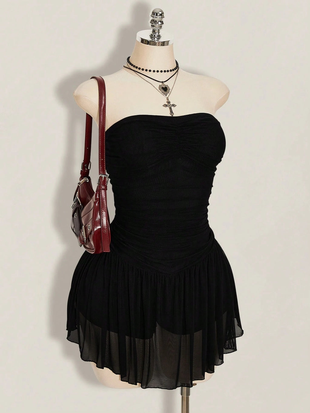 SHEIN ICON Plus Size Y2K Strapless Mesh Dress – Black Gathered Bust Elegant Bodycon Mini Dress for Women