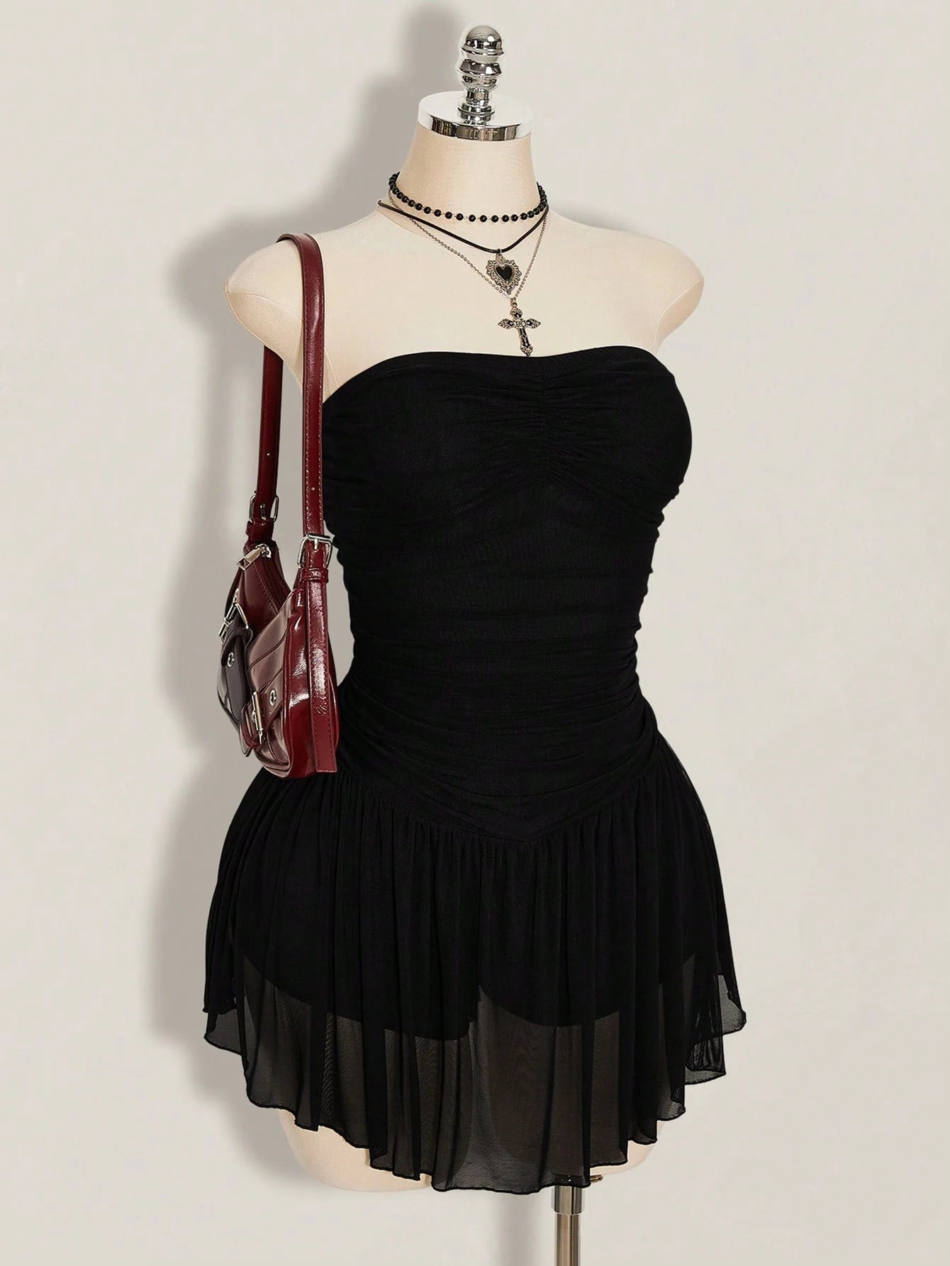 SHEIN ICON Plus Size Y2K Strapless Mesh Dress – Black Gathered Bust Elegant Bodycon Mini Dress for Women