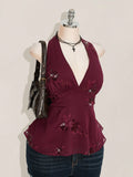 SHEIN ICON Plus Size Burgundy Sequin Halter Mini Dress – Avant-Garde Chiffon Party Camisole Dress for Women