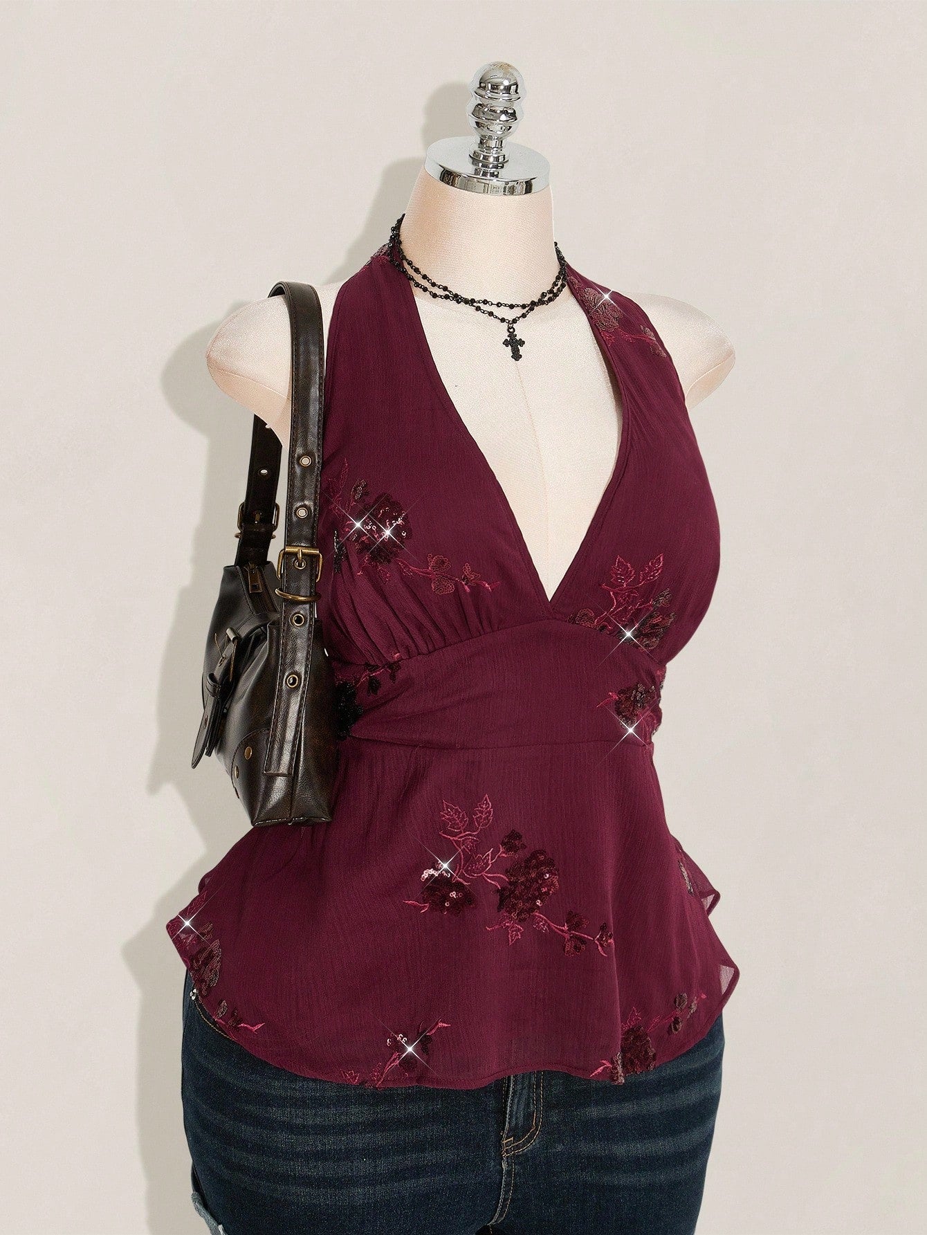 SHEIN ICON Plus Size Burgundy Sequin Halter Mini Dress – Avant-Garde Chiffon Party Camisole Dress for Women