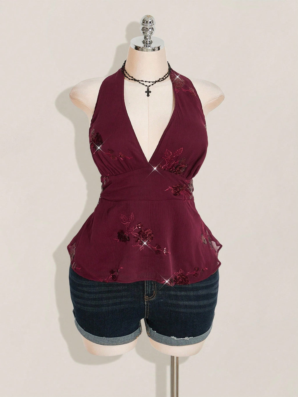 SHEIN ICON Plus Size Burgundy Sequin Halter Mini Dress – Avant-Garde Chiffon Party Camisole Dress for Women