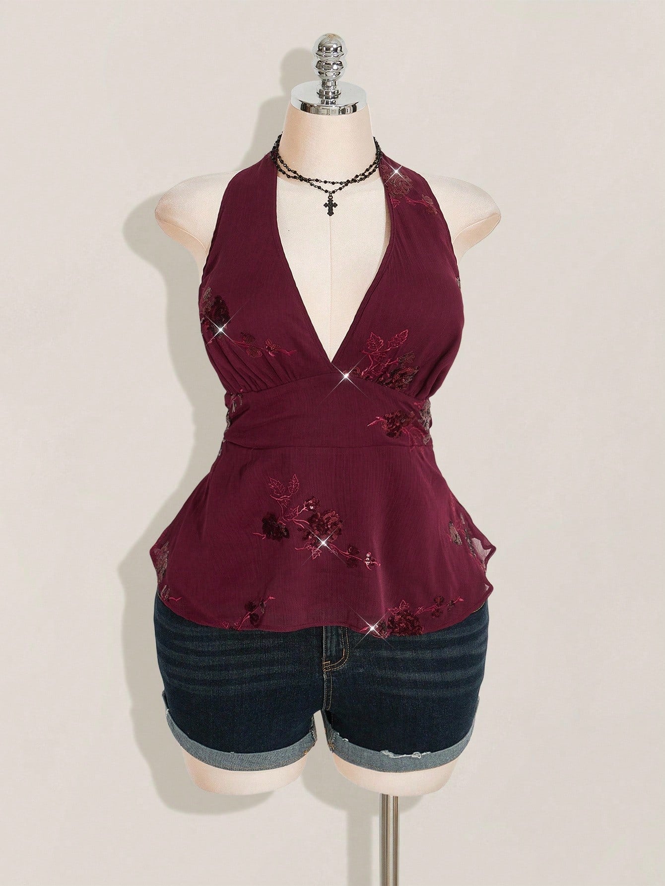 SHEIN ICON Plus Size Burgundy Sequin Halter Mini Dress – Avant-Garde Chiffon Party Camisole Dress for Women