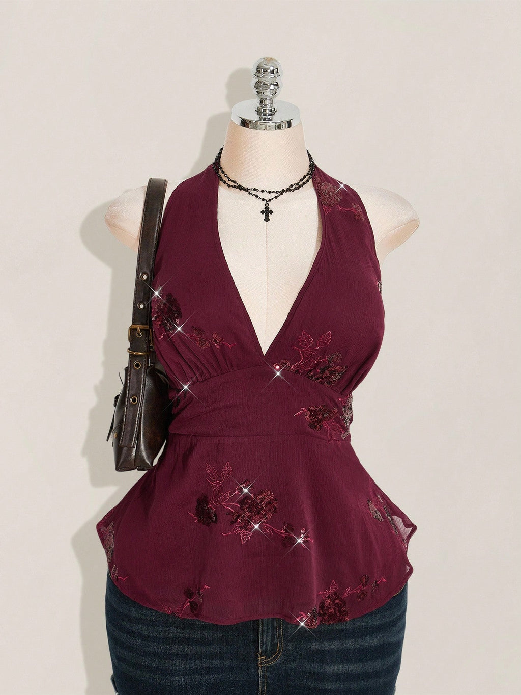 SHEIN ICON Plus Size Burgundy Sequin Halter Mini Dress – Avant-Garde Chiffon Party Camisole Dress for Women