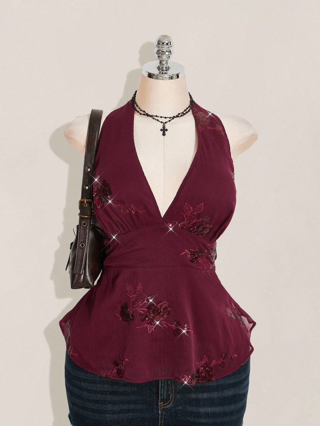 SHEIN ICON Plus Size Burgundy Sequin Halter Mini Dress – Avant-Garde Chiffon Party Camisole Dress for Women