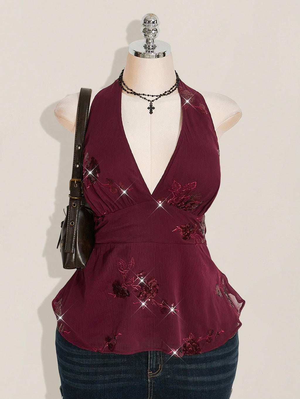 SHEIN ICON Plus Size Burgundy Sequin Halter Mini Dress – Avant-Garde Chiffon Party Camisole Dress for Women