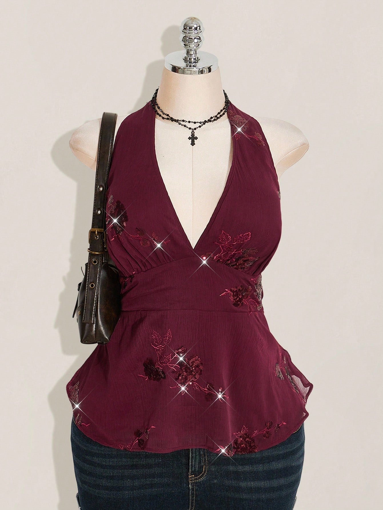 SHEIN ICON Plus Size Burgundy Sequin Halter Mini Dress – Avant-Garde Chiffon Party Camisole Dress for Women