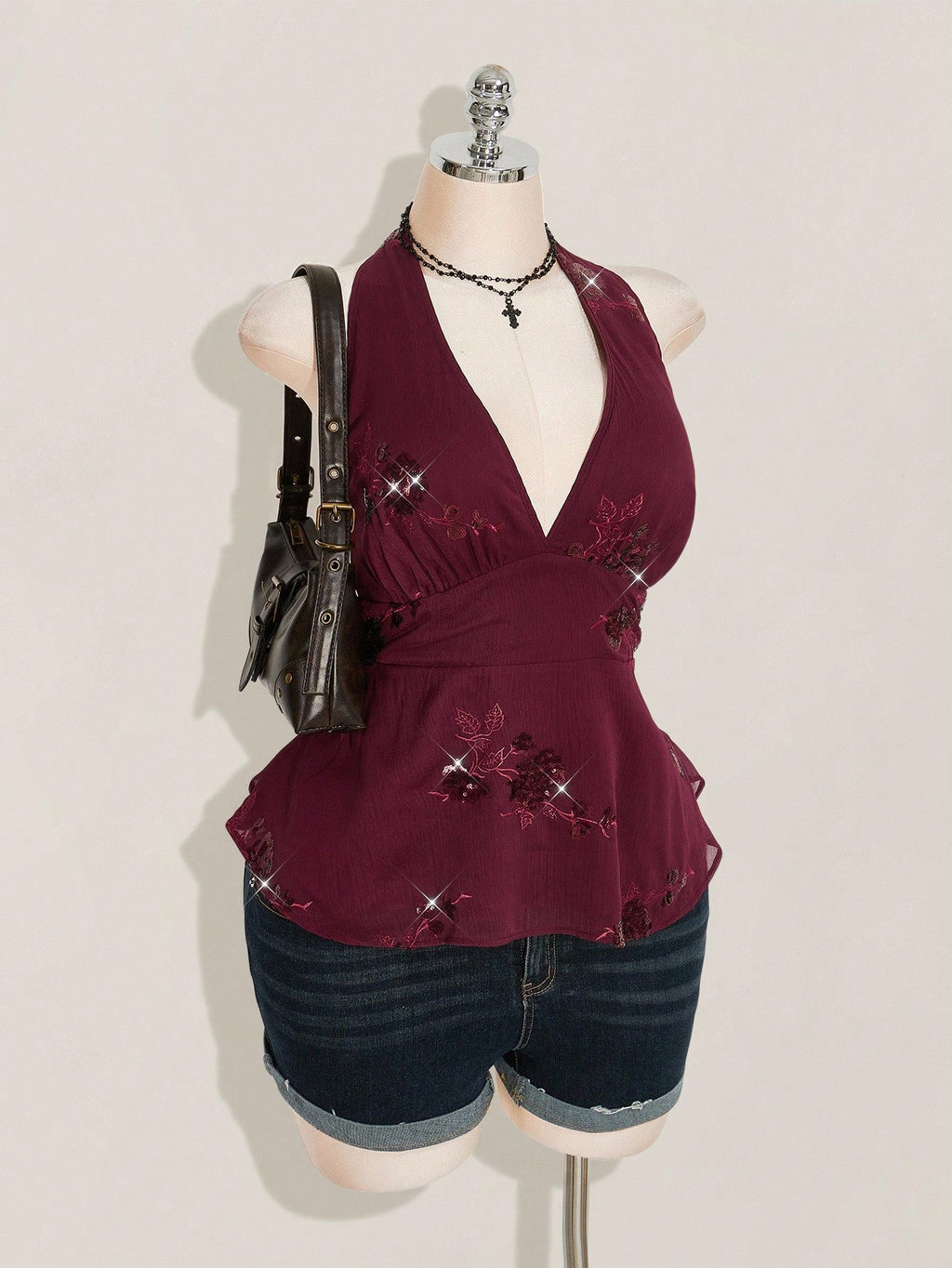 SHEIN ICON Plus Size Burgundy Sequin Halter Mini Dress – Avant-Garde Chiffon Party Camisole Dress for Women