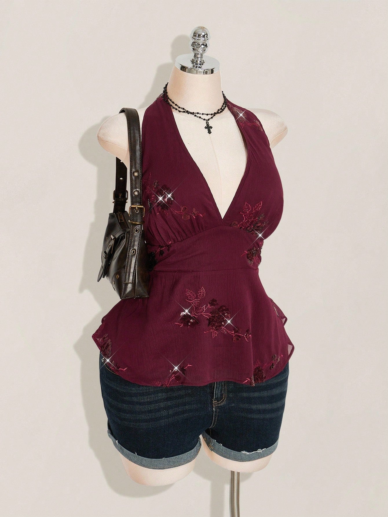 SHEIN ICON Plus Size Burgundy Sequin Halter Mini Dress – Avant-Garde Chiffon Party Camisole Dress for Women