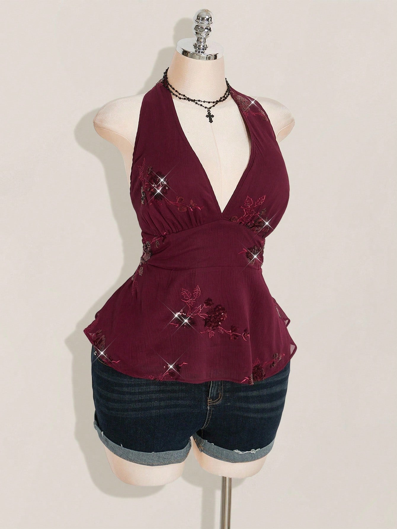 SHEIN ICON Plus Size Burgundy Sequin Halter Mini Dress – Avant-Garde Chiffon Party Camisole Dress for Women