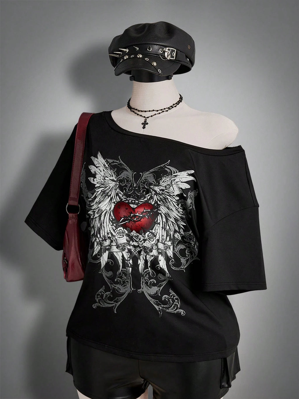 SHEIN ICON Plus Size Y2K Gothic Heart Wings Off Shoulder Top – Loose Fit Avant-Garde Multicolor Streetwear T-Shirt for Women
