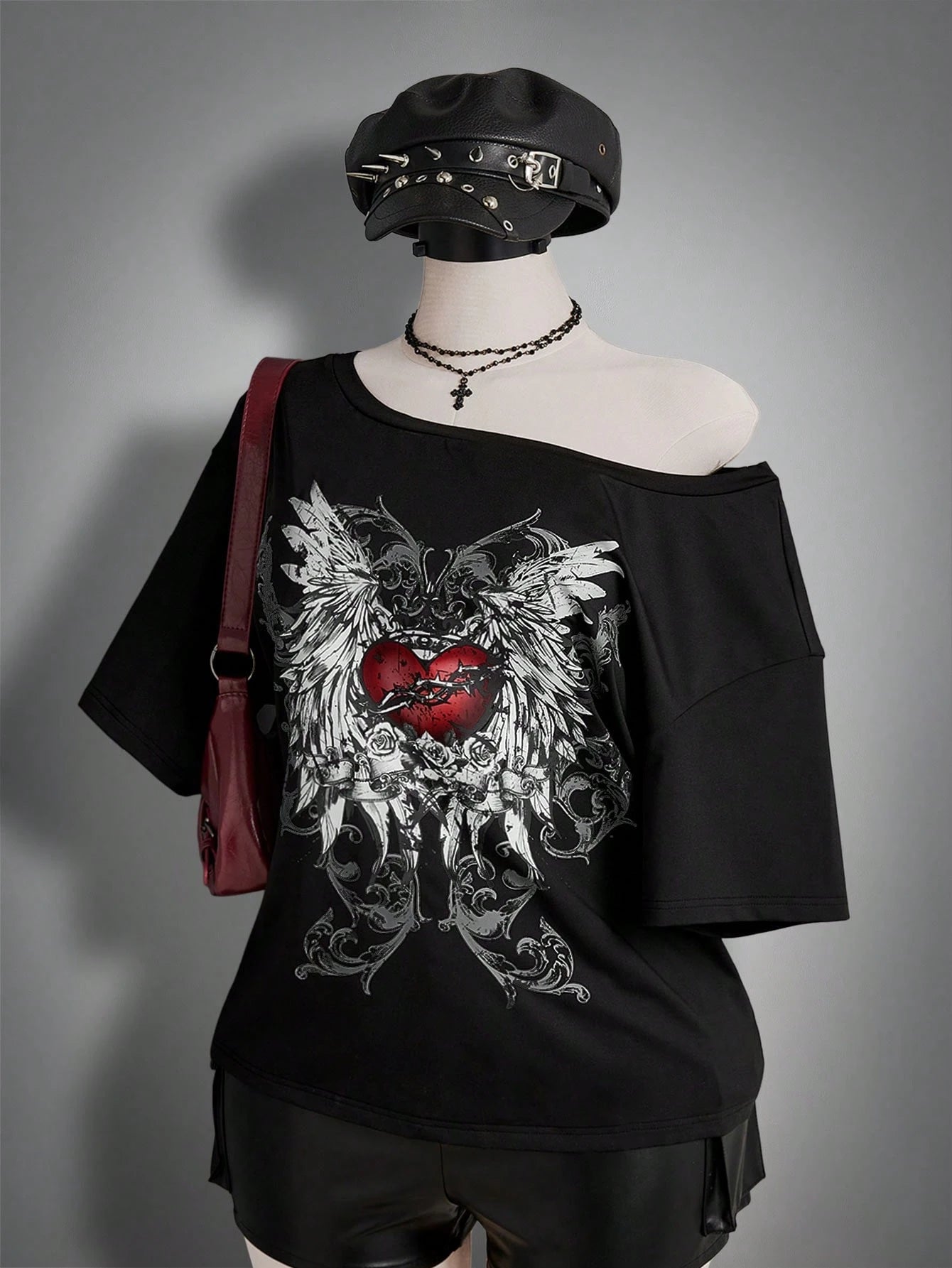 SHEIN ICON Plus Size Y2K Gothic Heart Wings Off Shoulder Top – Loose Fit Avant-Garde Multicolor Streetwear T-Shirt for Women