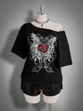 SHEIN ICON Plus Size Y2K Gothic Heart Wings Off Shoulder Top – Loose Fit Avant-Garde Multicolor Streetwear T-Shirt for Women