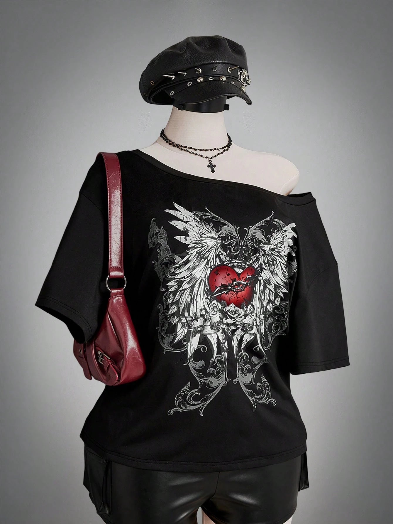 SHEIN ICON Plus Size Y2K Gothic Heart Wings Off Shoulder Top – Loose Fit Avant-Garde Multicolor Streetwear T-Shirt for Women