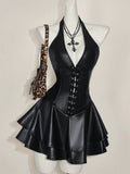 SHEIN ICON Y2K Gothic PU Leather Halter Mini Dress – Open Back Cross Strap Club & Festival Outfit