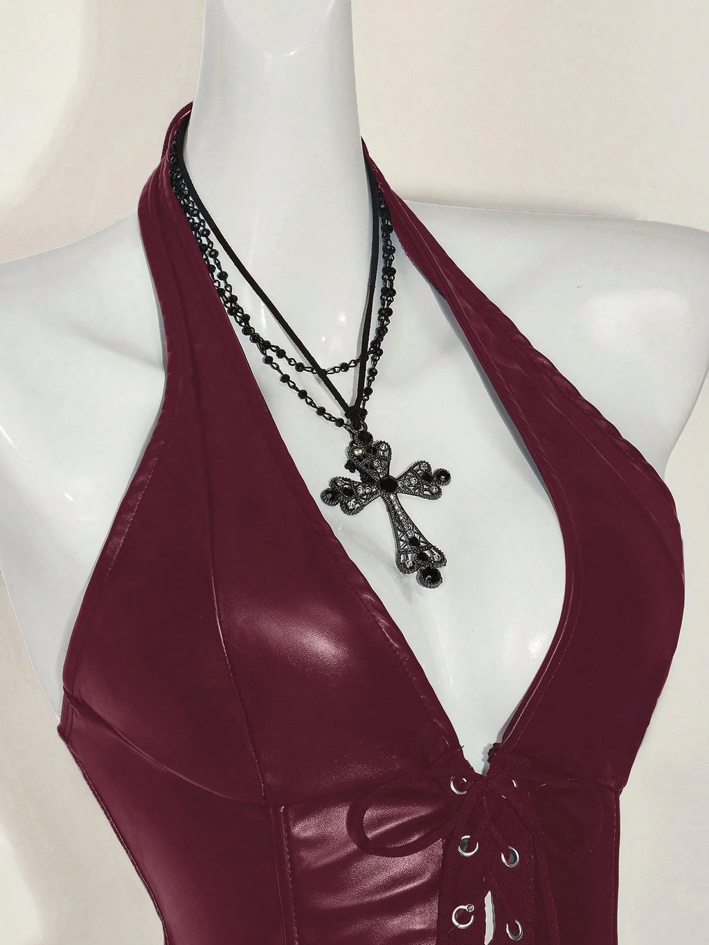 SHEIN ICON Y2K Gothic PU Leather Halter Mini Dress – Open Back Cross Strap Club & Festival Outfit
